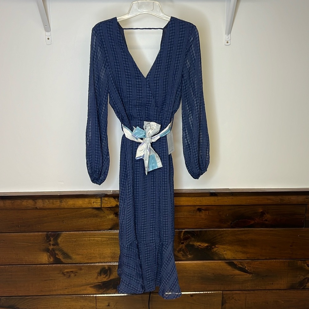 NWT Nordstrom NSR Napean Sea Rd. Navy Blue Belted Midi Dress Long Sleeve- XS